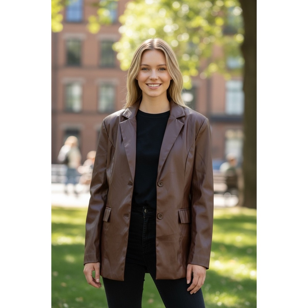 PrettyLittleThing Chocolate Faux Leather Oversized Dad Blazer Jacket Small